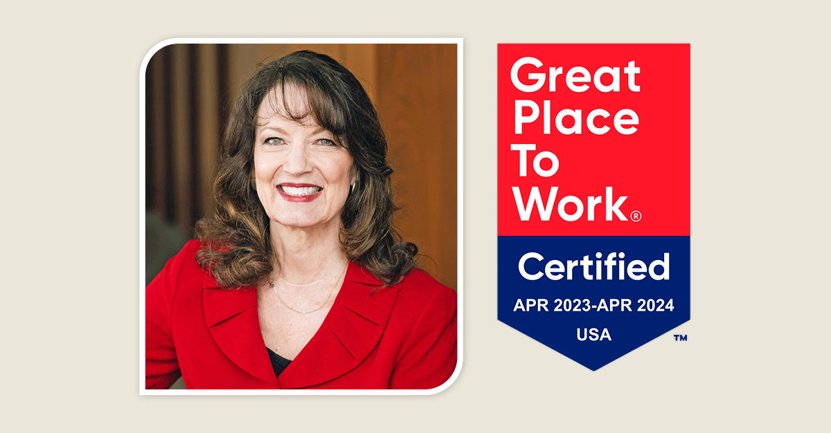 Atria Senior Living's VP of Employee Recruitment and Engagement, Sarah Pitt, and the Great Place to Work badge