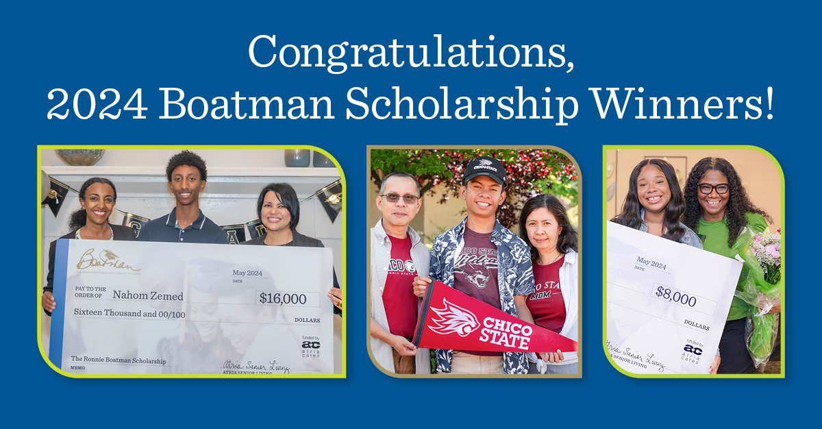 Triptych of three graduates and their families holding checks for varying dollar amounts with text that says "Congratulations, 2024 Boatman Scholarship Winners!"